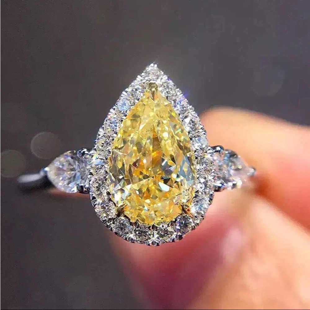 .925 Sterling Silver 2 ct Pear Cut Yellow Sapphire & White Sapphire Ring - Picture 10 of 11